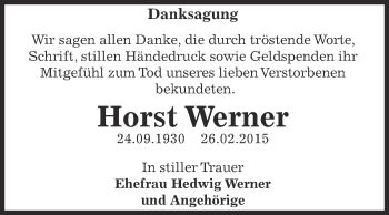 Traueranzeige von Horst Werner von WVG - Wochenspiegel Dessau / Köthen