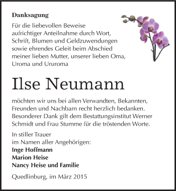 Traueranzeige von Ilse Neumann von Mitteldeutsche Zeitung Quedlinburg