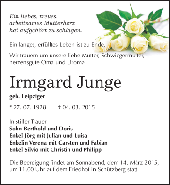 Traueranzeige von Irmgard Junge von Mitteldeutsche Zeitung Wittenberg