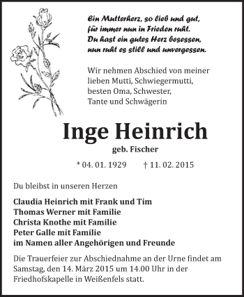 Traueranzeige von Inge Heinrich von WVG - Wochenspiegel NMB / WSF / ZTZ