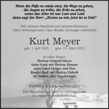 Traueranzeige von Kurt Meyer von WVG - Wochenspiegel NMB / WSF / ZTZ
