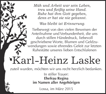 Traueranzeige von Karl-Heinz Laske von WVG - Wochenspiegel NMB / WSF / ZTZ