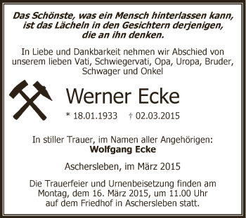 Traueranzeige von Werner Ecke von Super Sonntag Aschersleben