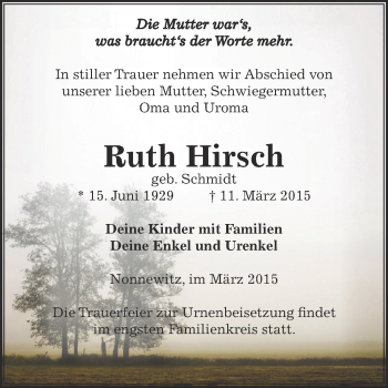 Traueranzeige von Ruth Hirsch von Super Sonntag Zeitz