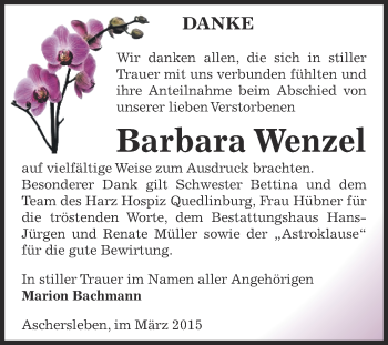 Traueranzeige von Barbara Wenzel von Super Sonntag Aschersleben