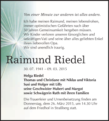 Traueranzeige von Raimund Riedel von WVG - Wochenspiegel Quedlinburg