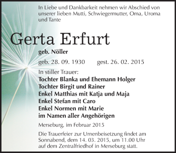 Traueranzeige von Gerta Erfurt von Mitteldeutsche Zeitung Merseburg/Querfurt
