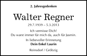 Traueranzeige von Walter Regner von Mitteldeutsche Zeitung Köthen