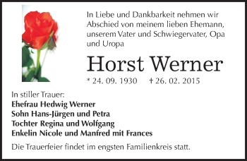 Traueranzeige von Horst Werner von Mitteldeutsche Zeitung Dessau-Roßlau