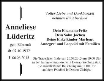 Traueranzeige von Anneliese Lüderitz von WVG - Wochenspiegel Dessau / Köthen