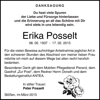 Traueranzeige von Erika Posselt von WVG - Wochenspiegel NMB / WSF / ZTZ