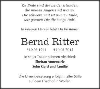 Traueranzeige von Bernd Ritter von WVG - Wochenspiegel Bitterfeld