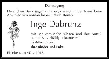 Traueranzeige von Inge Dabrunz von Mitteldeutsche Zeitung Mansfelder Land