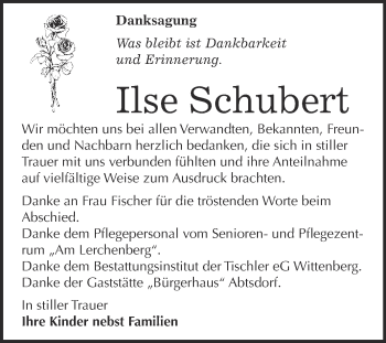 Traueranzeige von Ilse Schubert von WVG - Wochenspiegel Wittenberg