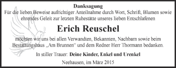 Traueranzeige von Erich Reuschel von Wochenspiegel Mansfelder Land