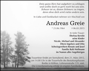 Traueranzeige von Andreas Greie von WVG - Wochenspiegel Dessau / Köthen