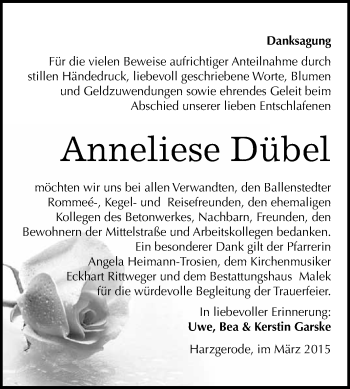 Traueranzeige von Anneliese Dübel von WVG - Wochenspiegel Quedlinburg
