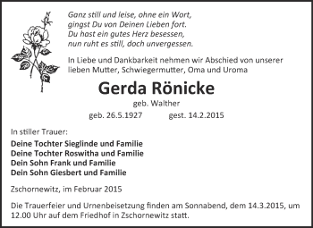 Traueranzeige von Gerda Rönicke von WVG - Wochenspiegel Wittenberg