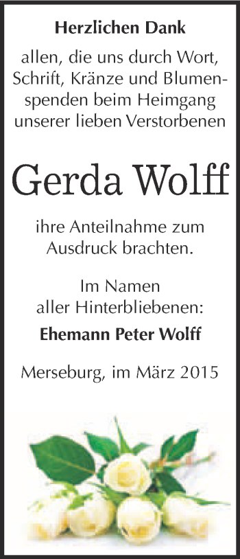 Traueranzeige von Gerda Wolff von WVG - Wochenspiegel Merseburg