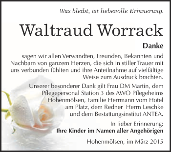 Traueranzeige von Waltraud Worrack von WVG - Wochenspiegel NMB / WSF / ZTZ