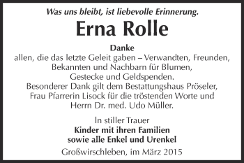 Traueranzeige von Erna Rolle von Super Sonntag Bernburg