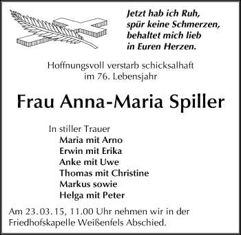 Traueranzeige von Anna-Maria Spiller von Mitteldeutsche Zeitung Weißenfels