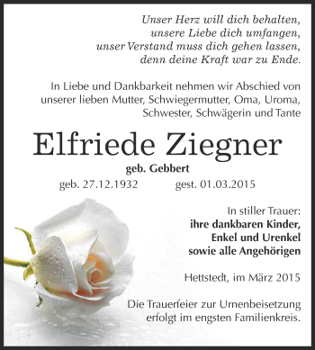 Traueranzeige von Elfriede Ziegner von Wochenspiegel Mansfelder Land