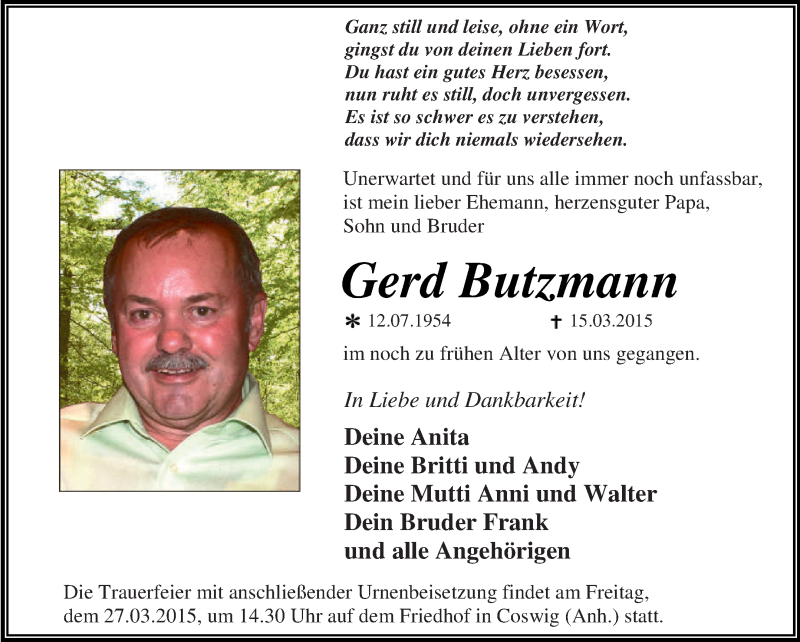  Traueranzeige für Gerd Butzmann vom 22.03.2015 aus WVG - Wochenspiegel Dessau / Köthen