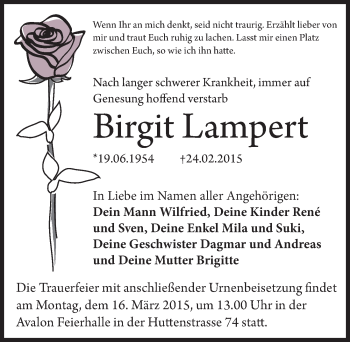 Traueranzeige von Birgit Lampert von Mitteldeutsche Zeitung Halle/Saalkreis