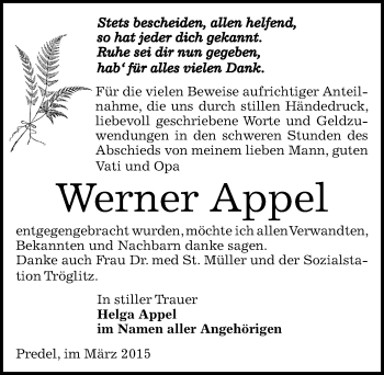 Traueranzeige von Werner Appel von Mitteldeutsche Zeitung Zeitz