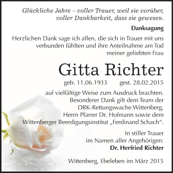 Traueranzeige von Gitta Richter von WVG - Wochenspiegel Wittenberg