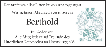 Traueranzeige von Berthold  von Super Sonntag Zeitz
