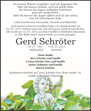 Traueranzeige von Gerd Schröter von Super Sonntag Wittenberg