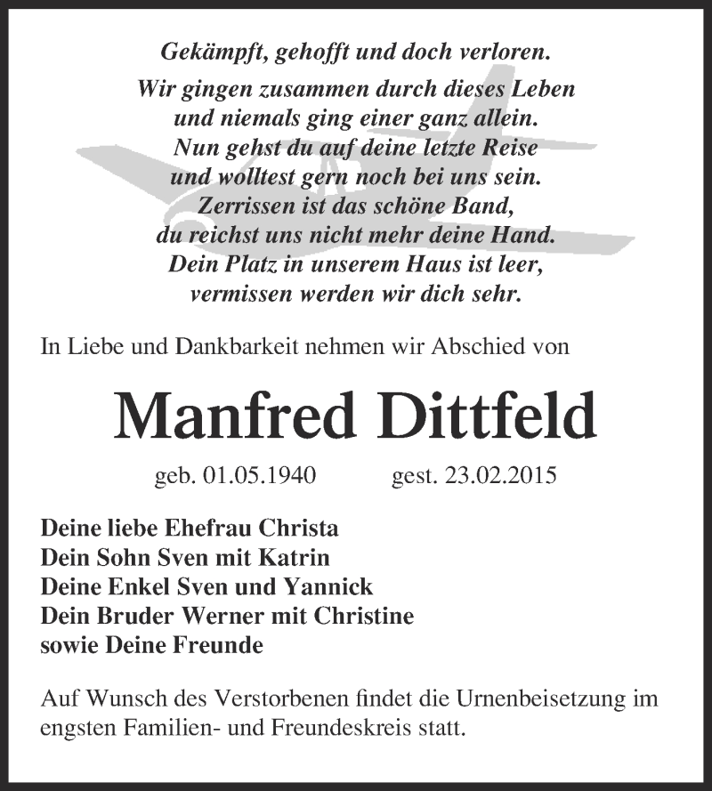  Traueranzeige für Manfred Dittfeld vom 01.03.2015 aus Super Sonntag Wittenberg