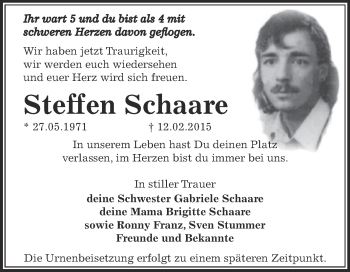 Traueranzeige von Steffen Schaare von Super Sonntag Bernburg