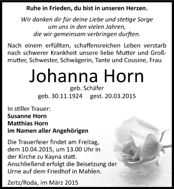 Traueranzeige von Johanna Horn von Mitteldeutsche Zeitung Zeitz
