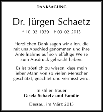 Traueranzeige von Jürgen Schaetz von Mitteldeutsche Zeitung Dessau-Roßlau