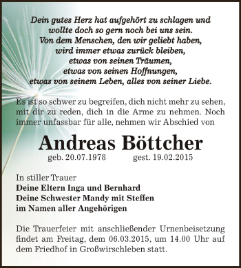 Traueranzeige von Andreas Böttcher von Super Sonntag Bernburg