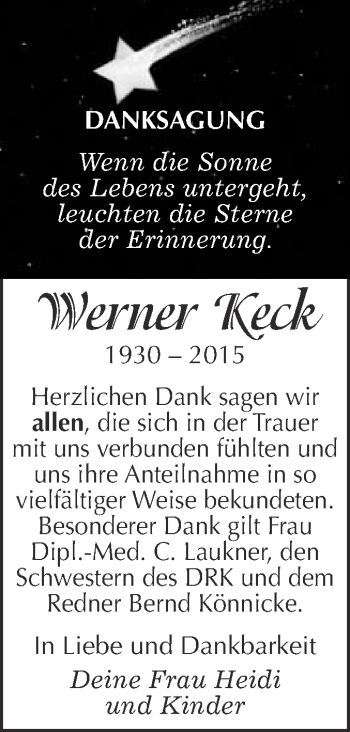 Traueranzeige von Werner Keck von WVG - Wochenspiegel NMB / WSF / ZTZ