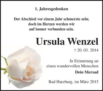 Traueranzeige von Ursula Wenzel von WVG - Wochenspiegel Quedlinburg