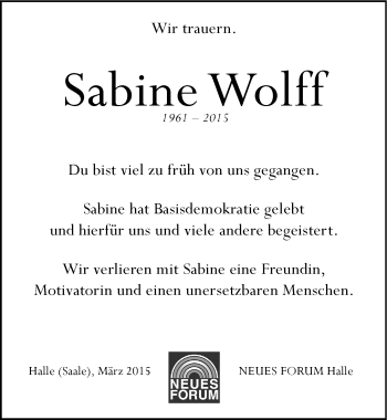 Traueranzeige von Sabine Wolff von Mitteldeutsche Zeitung Halle/Saalkreis
