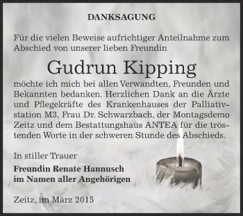 Traueranzeige von Gudrun Kipping von Super Sonntag Zeitz