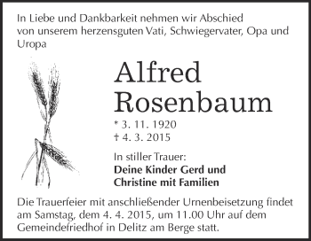 Traueranzeige von Alfred Rosenbaum von Super Sonntag Halle