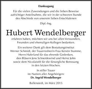 Traueranzeige von Hubert Wendelberger von Mitteldeutsche Zeitung Quedlinburg