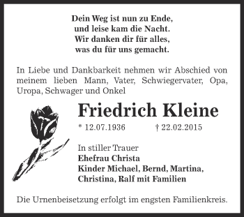 Traueranzeige von Friedrich Kleine von Super Sonntag Bernburg