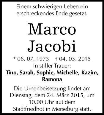 Traueranzeige von Marco Jacobi von Mitteldeutsche Zeitung Merseburg/Querfurt