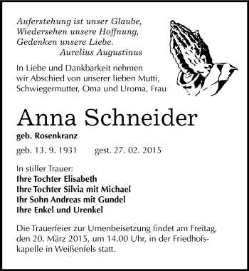 Traueranzeige von Anna Schneider von Mitteldeutsche Zeitung Weißenfels