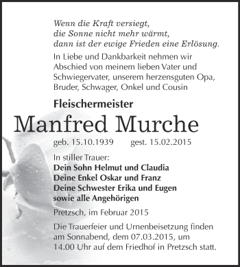 Traueranzeige von Manfred Murche von WVG - Wochenspiegel Wittenberg