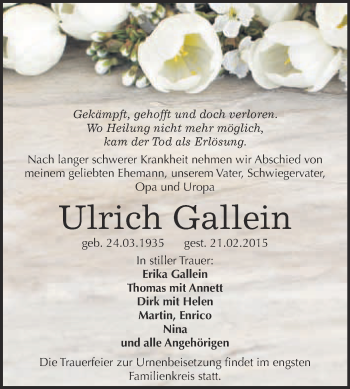 Traueranzeige von Ulrich Gallein von WVG - Wochenspiegel NMB / WSF / ZTZ