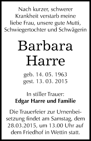 Traueranzeige von Barbara Harre von Mitteldeutsche Zeitung Halle/Saalkreis